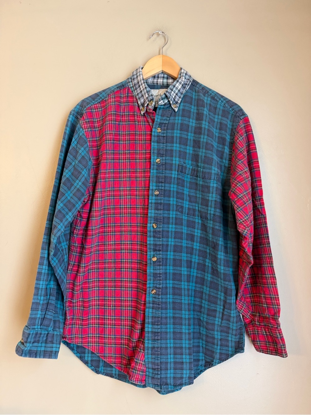 Vtg Greatland Sportswear Plaid Patchwork Shirt Men Med Pocket Button Up